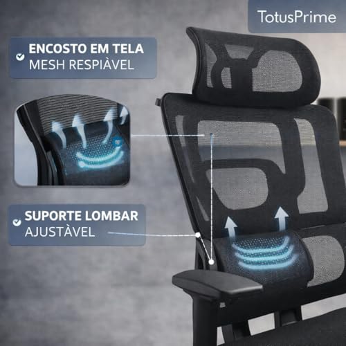 Cadeira Escritório Ergonômica Presidente XXL 200kg com Apoio para Pés Retrátil, Encosto Mesh Respirável, Apoio de Cabeça, Braços Ajustáveis, Reclinável e Base Cromada Premium Home Office (Preta)