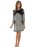 Womens Black and White Dress Floral Print Shift Boat Neck 3/4 Length Sleeves