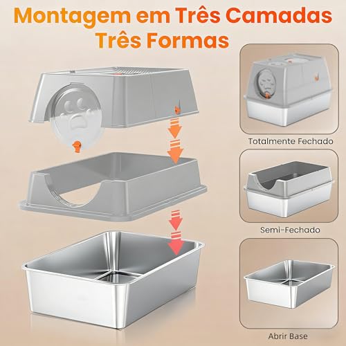 Caixa de areia de aço inoxidável com tampa, caixa de areia XL extragrande, caixa de metal fechada com entrada frontal e superior, com degraus e pá, fácil de limpar