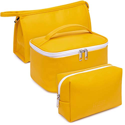 WANDF 3 Pieces Makeup Bag PU Leather Toiletry Bag Portable Cosmetic Pouch Water-resist Travel Organizer for Women (Yellow) 1 WANDF 3 Pieces Makeup Bag PU Leather Toiletry Bag Portable Cosmetic Pouch Water-resist Travel Organizer for Women (Yellow)