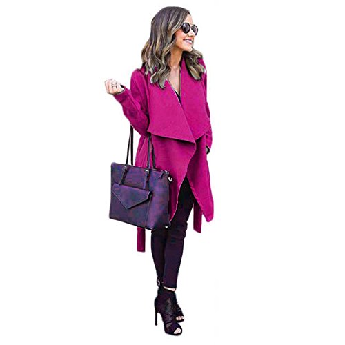 Pengy Women Long Coat Jacket Warm Women Open Cardigan Long Coat Jacket Outwear With Belt (Hot Pink, S)
