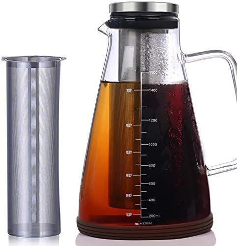 Large Cold Brew Iced Coffee & Tea Maker - 50 Oz/1.5L - Protective Non-slip Silicon Base - Glass Carafe and Water Pitcher with Removable Filter - Coffee and Tea Brew Recipe Included
