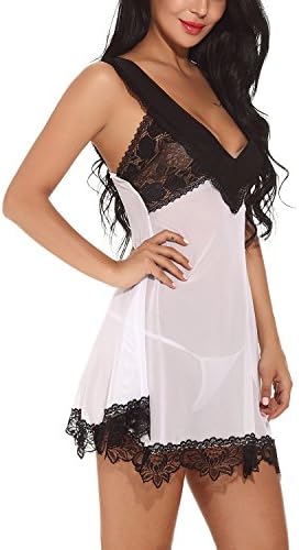 DoDoLove Sexy Lingerie for Women Floral Lace Pajamas Nightgown Set Ladies Mini Satin Babydoll Dress(White), Large