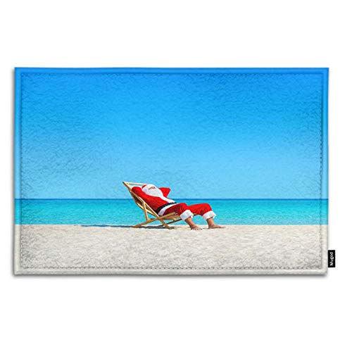 Mugod Santa Claus Indoor/Outdoor Doormat Christmas Santa Claus Relaxing on Sunlounger at Ocean Sandy Beach Funny Doormats Bathroom Kitchen Decor Area Rug Non Slip Entrance Door Floor Mats, 18" X 30"