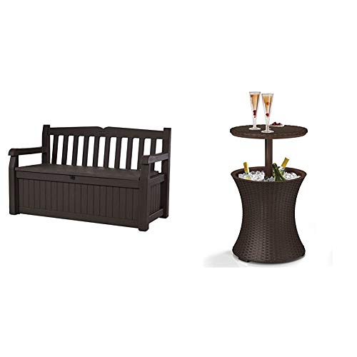Keter Eden 70 Gallon Storage Bench Deck Box for Patio Furniture,Brown/Brown & Pacific Cool Bar