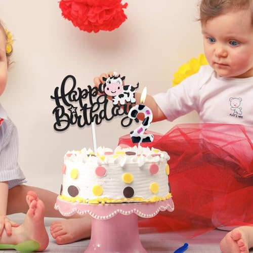 Birthday Decoration 1 Year with Cow Theme Happy Birthday Cake Decoration and Candles Birthday, Decoration Birthday 1 Year for Children Girls
