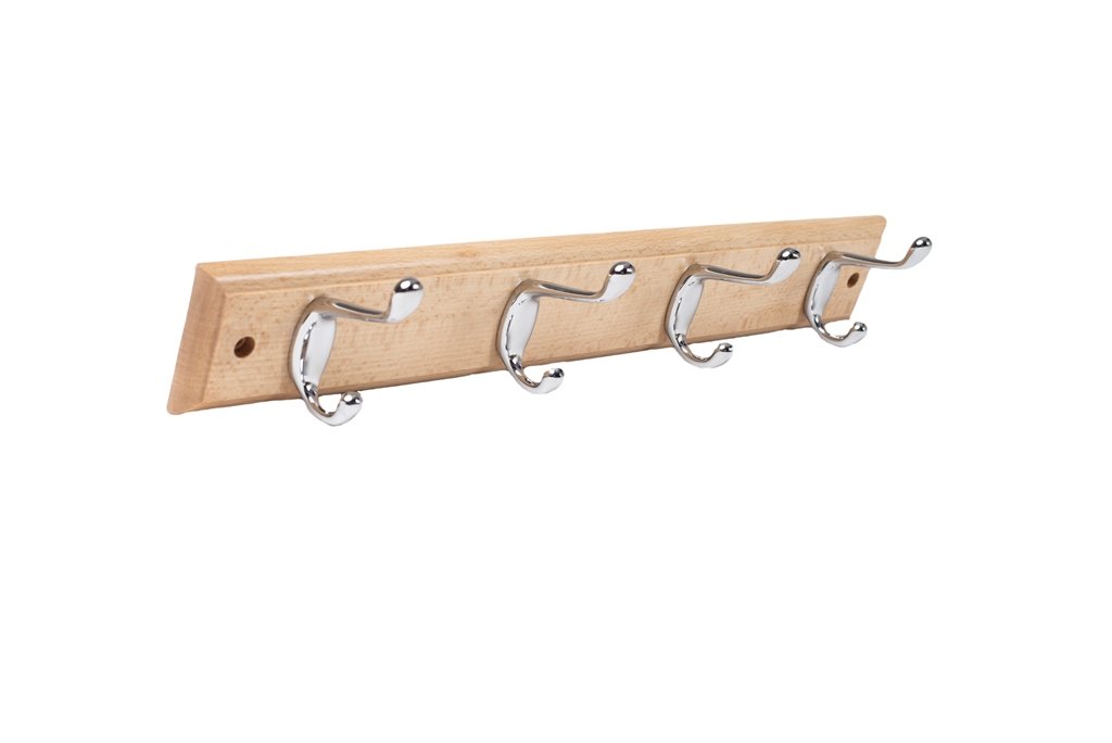 Merriway BH04698 Heavy Duty Hat and Coat Hooks x 4 Polished Chrome on Natural Beech Wood Bright