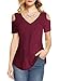 Amoretu Womens Summer V Neck Tops Open Shoulder Tshirts Blouses (Burgundy,XL)