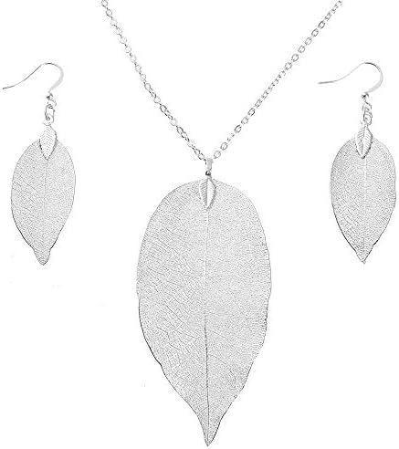 Q&D&S Leaf Pendant Necklace and Dangle Earrings Jewelry Set 14K Rose Gold Plated handmade Long Chain Necklace with Silver for Women