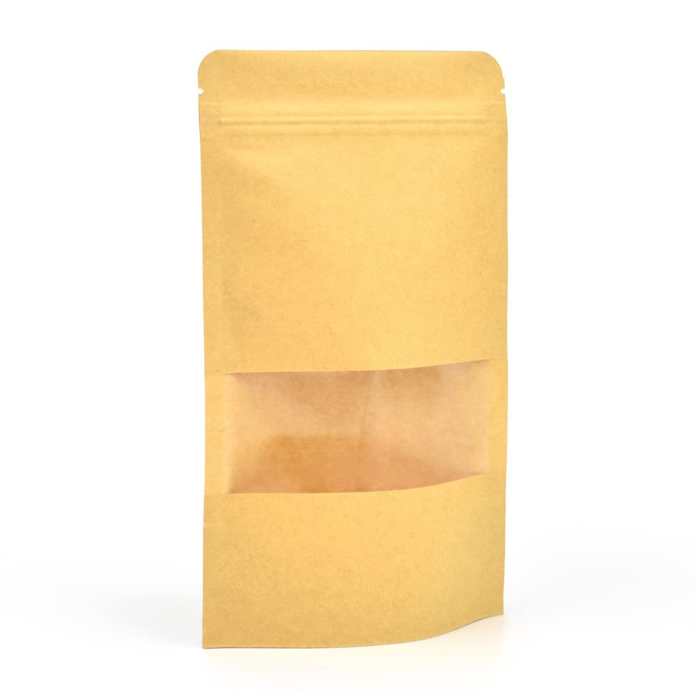 Evergreen Goods 50pcs Brown Kraft Paper Pouch Bags (140 x 200mm) | Reusable Self-Standing | Sealable ZipLock & Window | Heat Resealable | Perfect for Tea, Coffee Beans, Seeds, Dried Fruits Etc