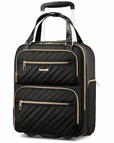 LUGGEX Carry On Luggage Bag with Front Open Laptop Compartment - 16 Inch Lightweight Softside Suitcase with Wheels - Stylish Underseat Travel Luggage for Women Men Business, Short Trip (Black)