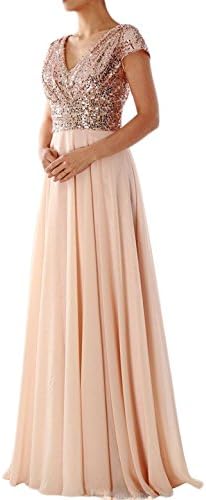 Veilace Women's Cap Sleeves V Neck Sequin Chiffon Rose Gold Bridesmaid Dress Long Wedding Party Gowns