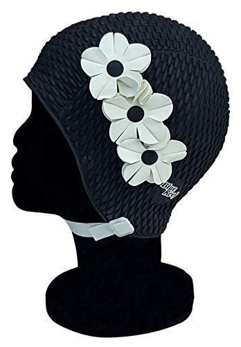 Blue Reef Tunis Bubble Single Colour Floral Ladies Classic Retro 3 Flower 2 Colour Row 3D Petal Stylish Vintage Swimming Hat Swim Cap One Size Adults With Adjustable Strap (Black)