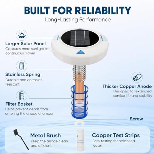 Upgraded Solar Pool Ionizer for Above Ground & Inground Pools Up to 45,000 Gallons – Easy Pool Maintenance with Oversized Solar Panel & Thick Copper Anode