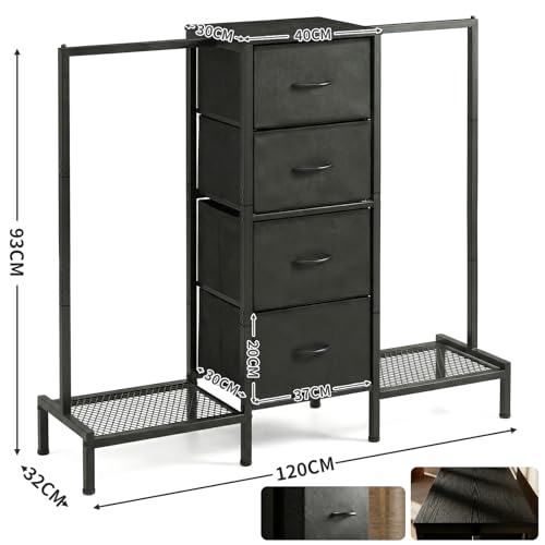 Closet Para Ropa armables, Perchero Para Ropa, con barra para colgar y 4 cajones, Closet ropero en forma de T, color marrón vintage (Negro)