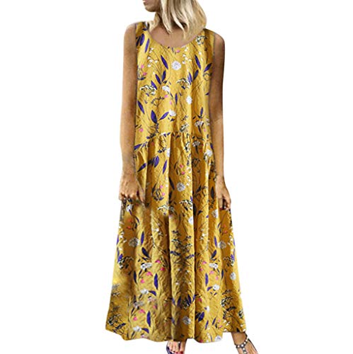 Women Plus Size Bohemian O-Neck Floral Print Vintage Sleeveless Long Maxi Dress