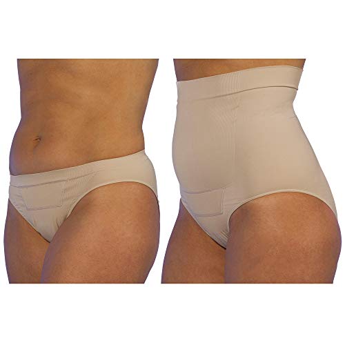 UpSpring Baby C-Panty Recovery Underwear and Incision Care Cesarean Panties with Silicone Scar Healing Panel, Postpartum Compression, Beige, Small, 1 High Waist and 1 Bikini Panty