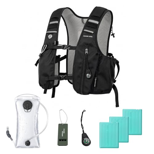 SAVIOR COOL Cooling Running Vest with Hydration Bladder 2L, 10L Hydration Backpack, 3 Cool Packs, 180 Min Cooling System, Reflective, for Men and Women | 2L water bladder, 3 cold sources
