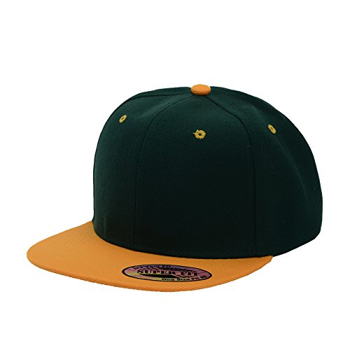 Blank Adjustable Flat Bill Plain Snapback Hats Caps (All Colors) (One Size, Dark Green/Gold)