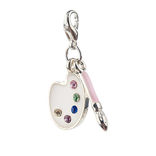 Breathtaking Design Fancy White Colored Paint Palette Studded With Colorful Rhinestones Crystals And Attached Pink Brush Clip On Pendant Charm For Bracelets Bangles By VAGAÂ©
