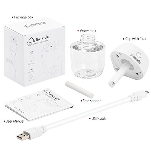 USB Car Diffuser, Homecube Ultrasonic Cool Mist Humidifier Car Air Freshener with 360°Rotation Micro Cable and 7 Color LED Lights for Office Home Vehicle Travel (white)