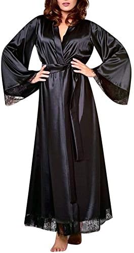 YCQUE Women's Simple Versatile Solid Color Silk Satin Robes Long-Sleeved Underwear Pajamas Set