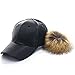 FURTALK Large Real Fur Pom Pom Baseball Cap Snapback Adjustable Leather Hat