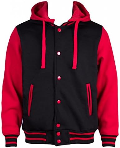 Letterman Varsity Baseball Hoodie Mens Jacket - Removable Hood (3XL, Black/Red)