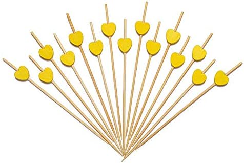 IOQSOF 4.7" Party Frilled Toothpicks Cocktail Sticks Bamboo Skewers,100 Count (Yellow Heart)