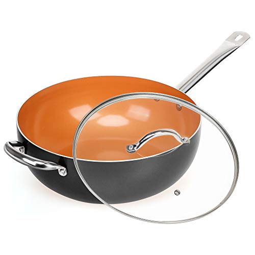 SHINEURI 12 Inch Copper Wok Pan and Stir Fry Pan with Lid, Nonstick