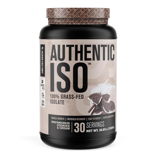 Jacked Factory Authentic ISO Grass Fed Whey Protein Isolate Powder - Low Carb, Non-GMO Muscle Building Protein w/No Fillers, Post Workout Recovery, Cookies & Cream