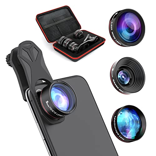 Selvim Lenti per Cellulari Fotocamera per Telefono Kit 4 in 1: 235° Lente Occhio di Pesce, 0.62X Obiettivo Grandangolare, Obiettivo Caleidoscopio, per Smartephone Android iOS Universale