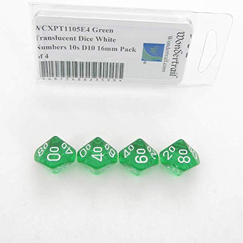Green Translucent Dice with White Numbers 10s D10 Aprox 16mm (5/8in) Pack of 4 Wondertrail