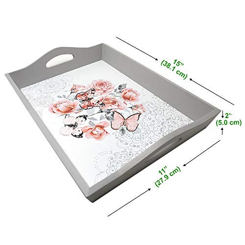 GB HOME COLLECTION gbHome GH-6744 Decorative Wooden Serving Tray with Floral Art, Breakfast Tray for Carrying Drinks Letters Mail, 15 x 11 in (38 x 28 cm) Display Piece, Modern Design