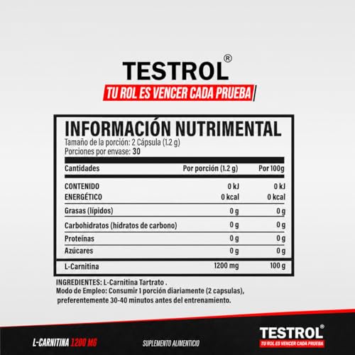 Carnitina Essential 1200mg por porción, L Carnitina Tartatro libre de Estimulantes para Hombre y Mujer, Calidad Premium | TSN Testrol L-Carnitina Essential 60 Cápsulas.