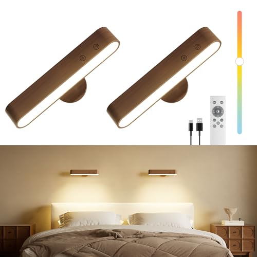 Ufanore Lampara de Pared, Juego de 2 Apliques de Pared Recargable y Inalámbricas, Madera LED Iluminación de Pared Magnético 360° con Control Remoto y Táctil, 3 CCT, 5 Niveles 15 Colores RGB, Nogal