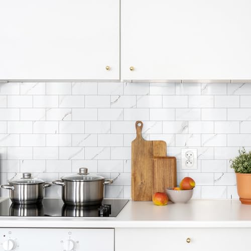 StyloVue 100 Pieces Peel and Stick Backsplash for Kitchen, 3" x 6" PVC Subway Tile 2024 Upgraded Glossy White Marble with White Grout Backsplash Stick on Tile Elevate Kitchen Fireplace RV