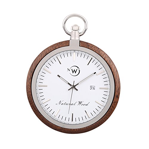 Original Wood Pocket Watch, Kwock Swiss Quartz Movement Stainless Steel Chain Natural Wooden Case Man Pocket Watches Best Gift for Birthday Holiday (Black Walnut)