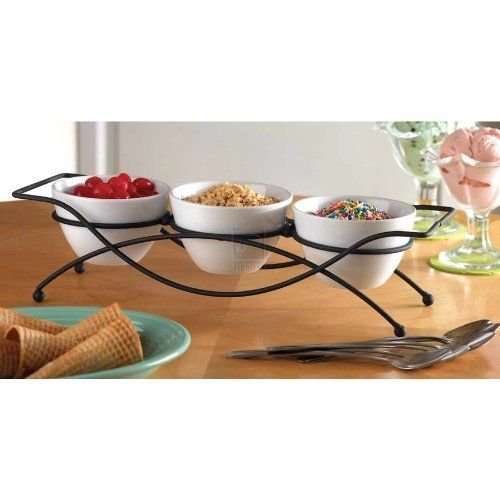 Elegant 4-piece Relish Tray with White Ceramic Bowl. Server Set with Metal Rack. Buffet Server for Candy, Nuts and Dips.