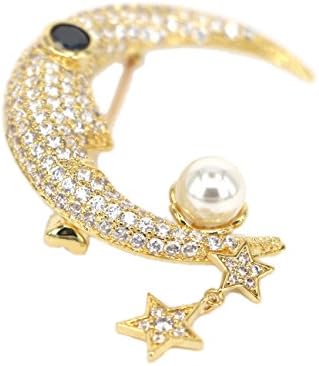 18k Gold-plated Brooch Pins for Women Girls Classic Crescent and Stars Pattern Brooches with Pearl Cubic-zirconia Wedding Breastpins Bridal Jewelry Accessory