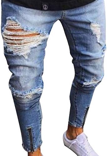 Men's Distressed Slim Denim Pants Hip Hop Ripped Holes Patch Work Skinny Jeans