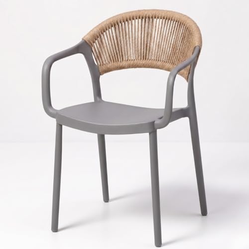 MARCOLO Chair with Arms, Outdoor Plastic Dining Armchair, Weather & UV Resistant Patio Chair for Balcony, Garden, Kitchen & Indoor Outdoor Use, Modern Rope-Style Design, 41x53.5x82cm (Grey)