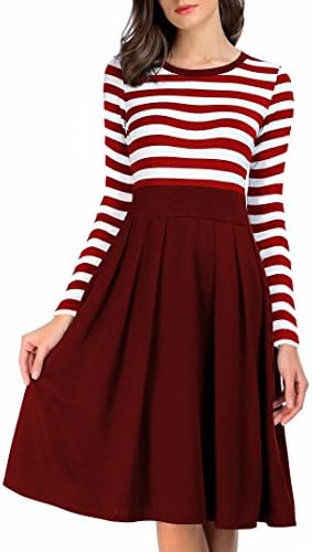 AAMILIFE Women's Long Sleeve Navy Style Stripe Scoop Neck Casual Swing Dress Red XXL