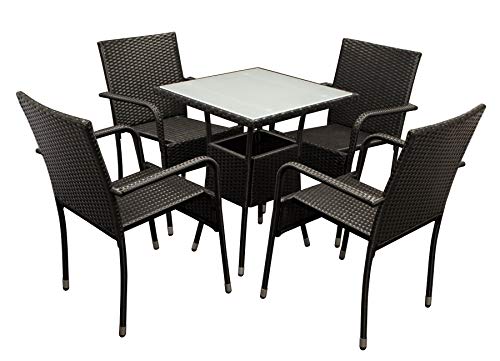 DEGAMO Bistroset PIENZA 5-teilig, 4X Stapelsessel und 1x Bistrotisch 60x60cm, Metall + Polyrattan schwarz, Tischplatte…