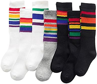 7 Pack Toddler Girls Boys Cotton Rainbow Pattern Stripe Knee High Stockings Tube Socks (3~5 years)