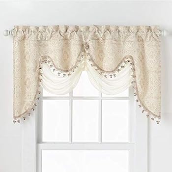GoodGram Ultra Elegant Clipped Jacquard Georgette Fringed Window Valance with an Attached Sheer Swag Assorted Colors (Beige)