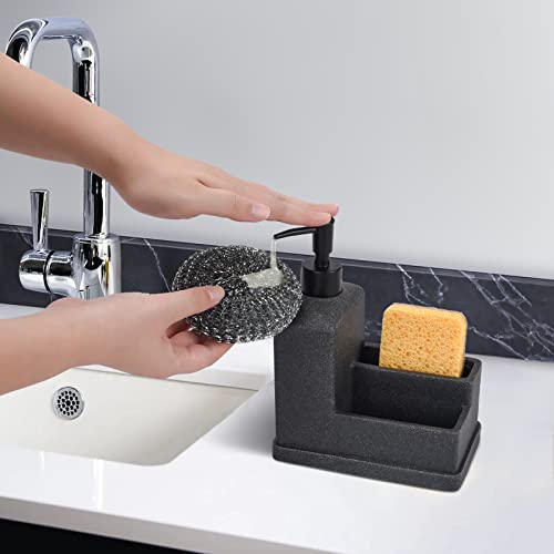 Soap Dispenser with Sponge Holder, Liquid Soap Dispenser for Hands and Dishes and Sponge Organizer with Brush Holder, 3 in 1 Countertop Organizer for Kitchen Sink