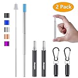 Tomight 2 Pack Telescopic Reusable Straws, Portable Stainless Steel Metal Straws with Case Cleaning Brush Carabiner Silicone Tips Keychain, Perfect for Travel, Home,Office