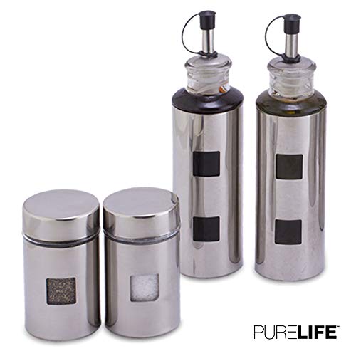 Salt and Pepper Shakers & Vinegar and Olive Oil Dispensers for the Kitchen - Airtight Glass Condiment Jars & Refillable Bottles for Cooking - 4 Pc Set Covered in Elegant Protective Stainless Steel - Thumbnail 7