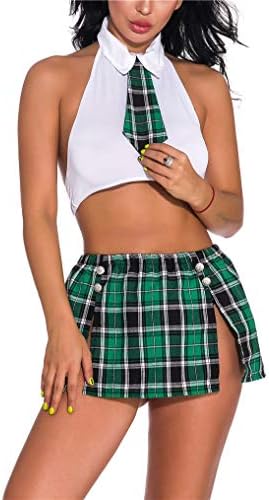 Women Sexy Short Sleeve Schoolgirl's Costumes Cosplay Lingerie Plaid Mini Outfit Skirt Set